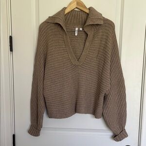 Elan Women’s V-Neck Chunky Knit Sweater Taupe M